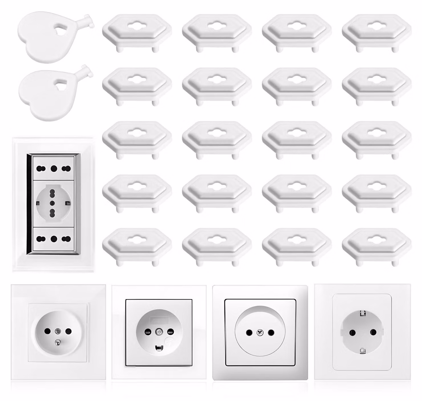Vinabo, 20 protezioni per prese elettriche per bambini, complete di 2 chiavi, compatibili con prese universali