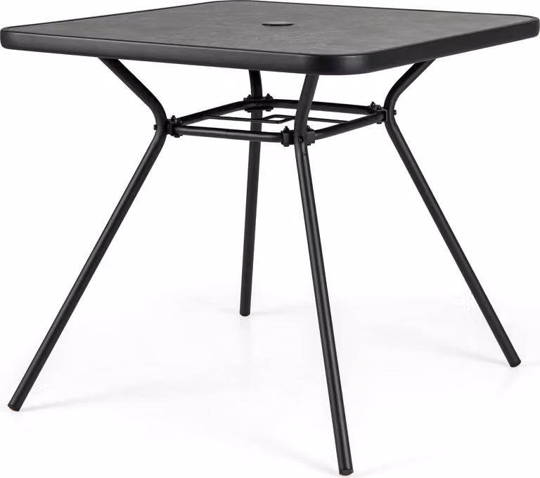 Tavolo da giardino quadrato con piano in SPC e foro per ombrellone, robusta struttura in metallo, tavolo da pranzo da esterno, nero, 80 x 80 x 72,5 cm