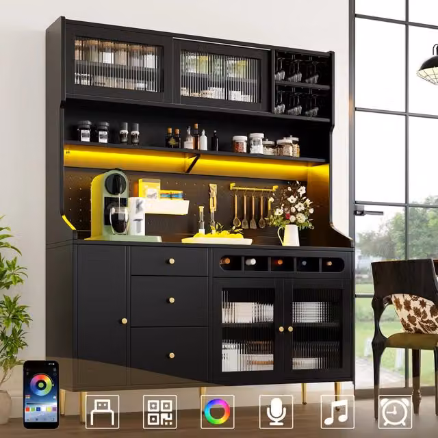 Armadio alto nero 145x39x171 cm per soggiorno, cucina e sala da pranzo con ripiani regolabili, illuminazione LED, cassetto e portabottiglie