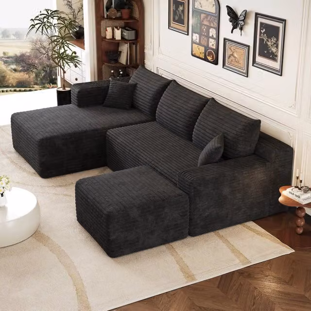 Divano angolare modulare 241x151x58 cm; divano effetto nuvola con seduta profonda; stile minimalista; consegnato montato; velluto a coste; nero