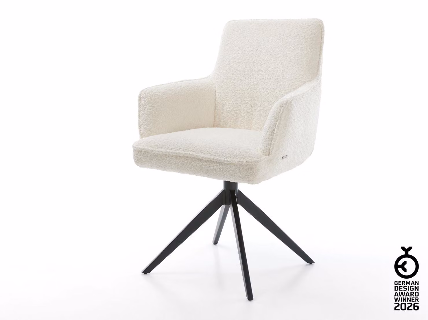 Sedia girevole DELIFE Heira-Flex con braccioli, tessuto bouclé bianco, base a croce larga nera, rotazione a 360°, funzione oscillante, molle insacchettate