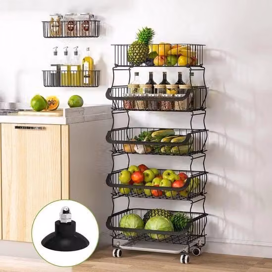 Carrello per verdure, cesta per frutta, contenitore per verdure, carrello per cucina con ruote bloccanti per cucina, angoletto, garage, con 2 cestini gratuiti (5 livelli)