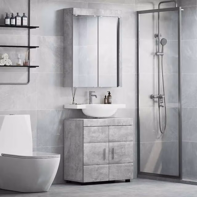 Set di mobili per il bagno vidaXL composto da mobile lavabo e armadietto con specchio, design moderno con illuminazione LED, colore grigio e argento, montaggio a parete. L/P/H: 60,0 x 34,0 x 63,0 cm
