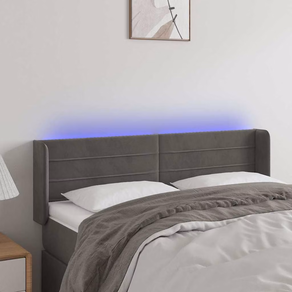 Testiera per letto vidaXL in velluto grigio con illuminazione LED e porta di ricarica USB, L: 147 cm, P: 16 cm, H: 78/88 cm