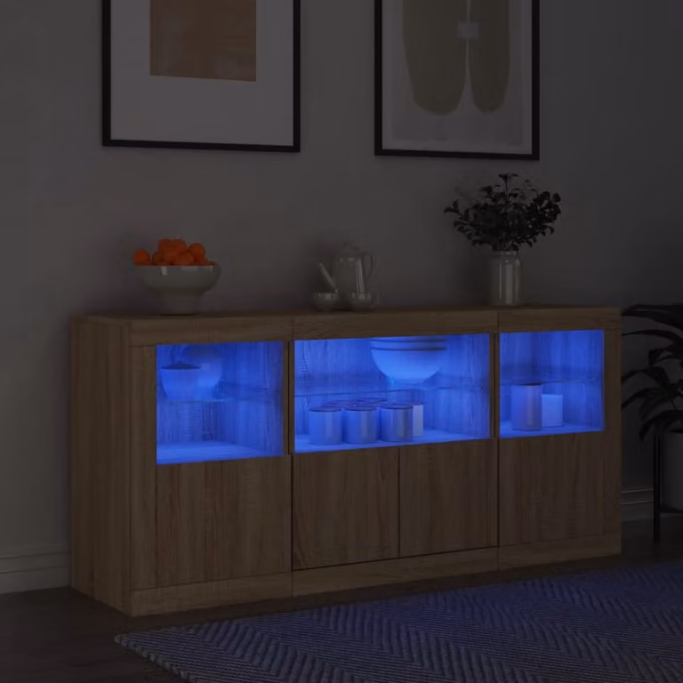 Credenza moderna vidaXL con luci LED in rovere sonoma, L: 142,5 cm, P: 37 cm, H: 67 cm