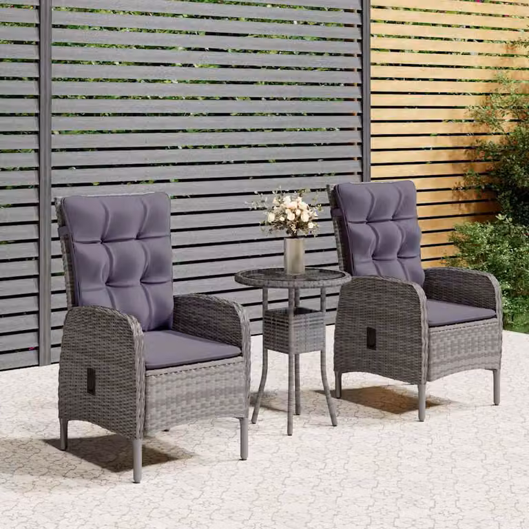 Set da Bistrot per Giardino 3 pz vidaXL in Polyrattan Grigio con Piano in Vetro