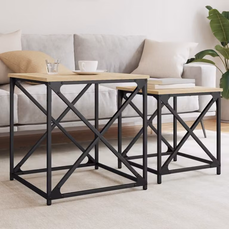 Set di 2 tavolini impilabili vidaXL in legno e metallo color rovere, stile industriale, per soggiorno o ufficio