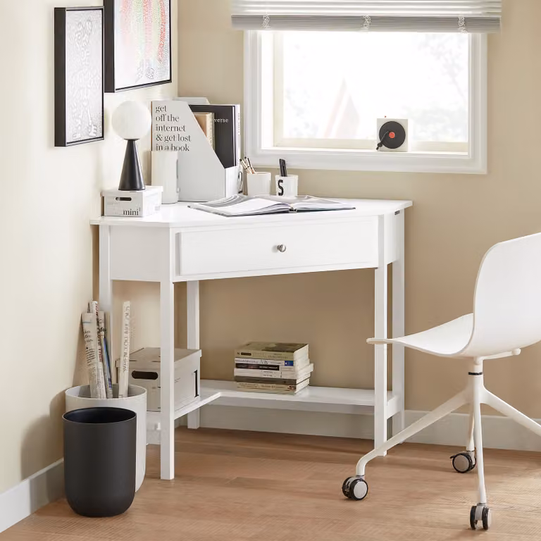 SoBuy® Tavolo d'angolo, scrivania, con ripiano e cassetto, bianco, FWT31-W