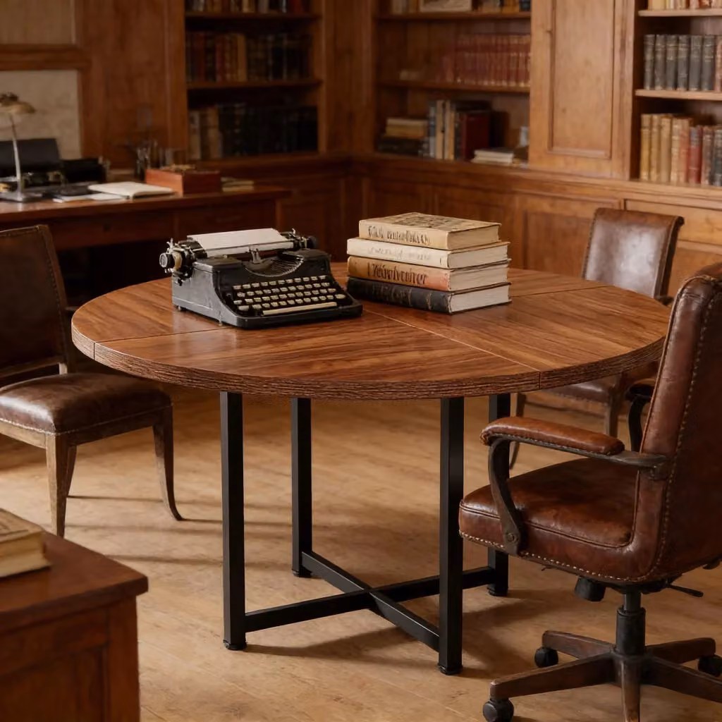 Tavolo da pranzo rotondo WISHDOR in stile industriale con struttura in metallo nero e piano in legno marrone, Diametro: 120 cm – 2