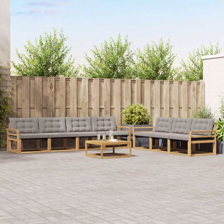 Set di divani da esterno vidaXL a forma di U composto da 8 pezzi con tavolo da caffè, struttura in legno di acacia trattato e cuscini in tessuto textilene, colore bianco e grigio