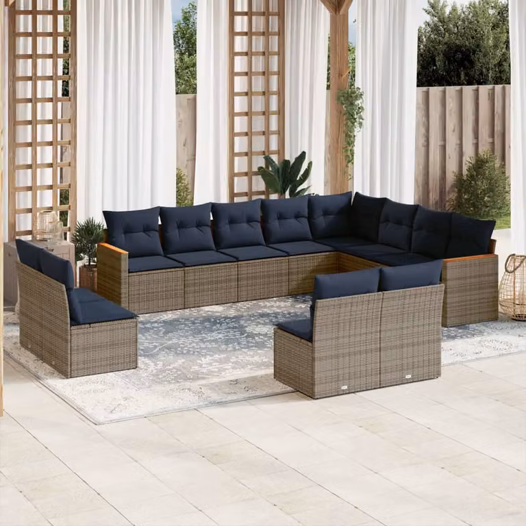 Set di divani da giardino vidaXL a forma di L composto da 12 pezzi con cuscini grigi e blu in rattan e metallo