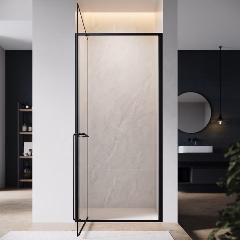 SONNI Porta doccia a battente invisibile, 90x195 cm, vetro di sicurezza 6 mm, nero opaco, porta doccia con una sola parola