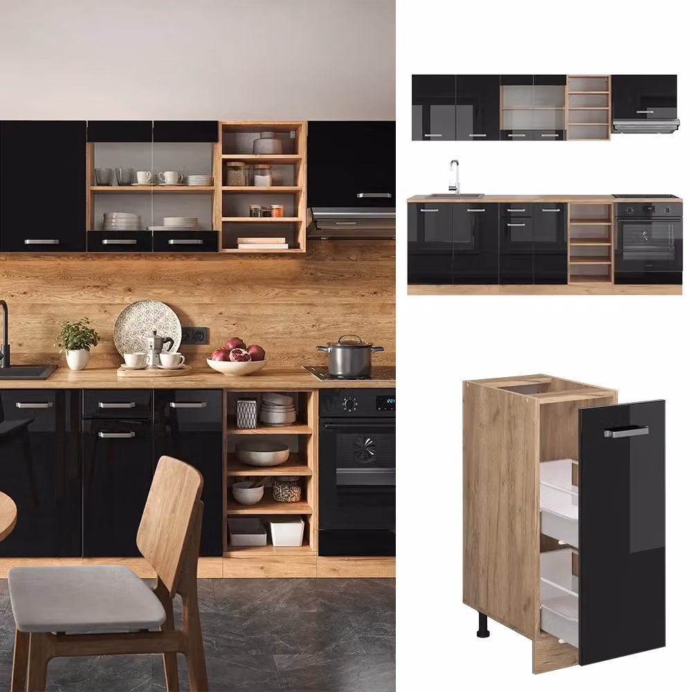 Cucina componibile moderna Vicco R-Line in legno e metallo, Nero lucido e Rovere, L: 240 cm, P: 60 cm, H: 206,8 cm – 2