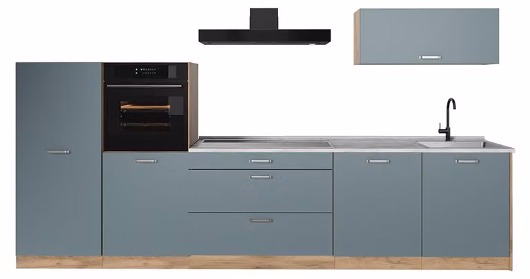 Cucina componibile Vicco R-Line Grigio-blu/Rovere dorato 340 cm piano di lavoro Marmo, Model 67303