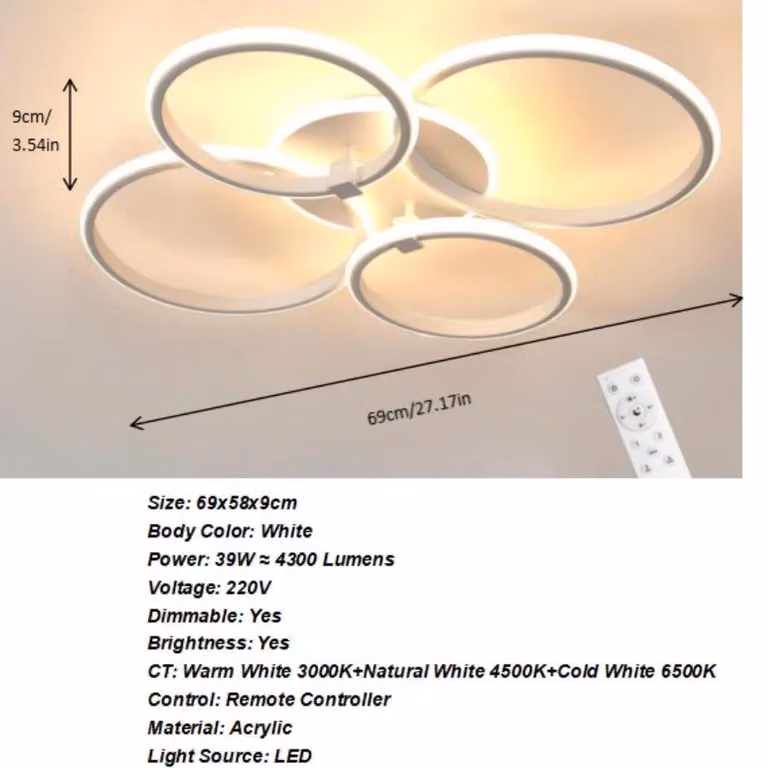 Pannello LED per soffitto - Modello A0320 - Design moderno - 3 anelli - Luce bianca fredda 6500 K - 41–50 W - Adatto per ambienti da 10–15 m² - Colore: oro