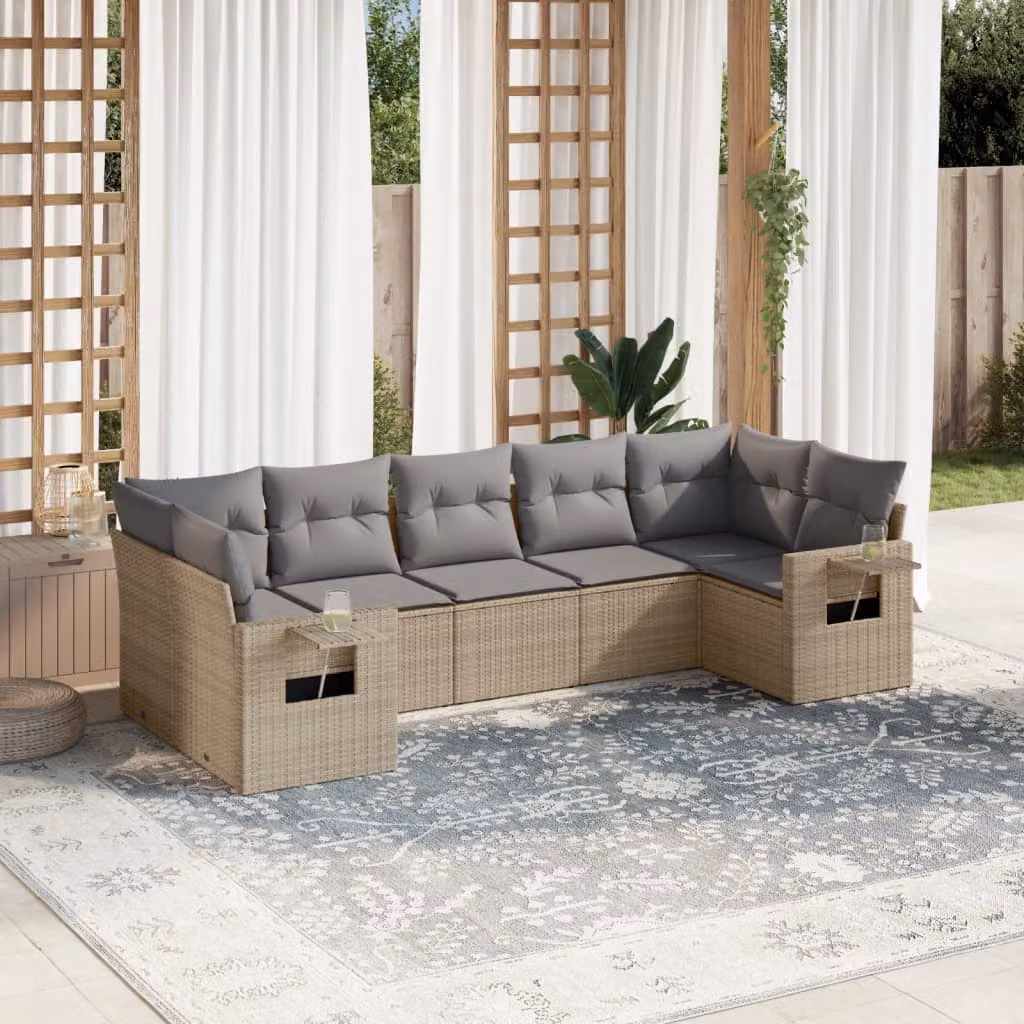 Set di Divani da Giardino vidaXL 7 pz a Forma a L con Cuscini Beige e Tavolino, Design Moderno in Polyrattan e Acciaio con Coperture Rimovibili – 1