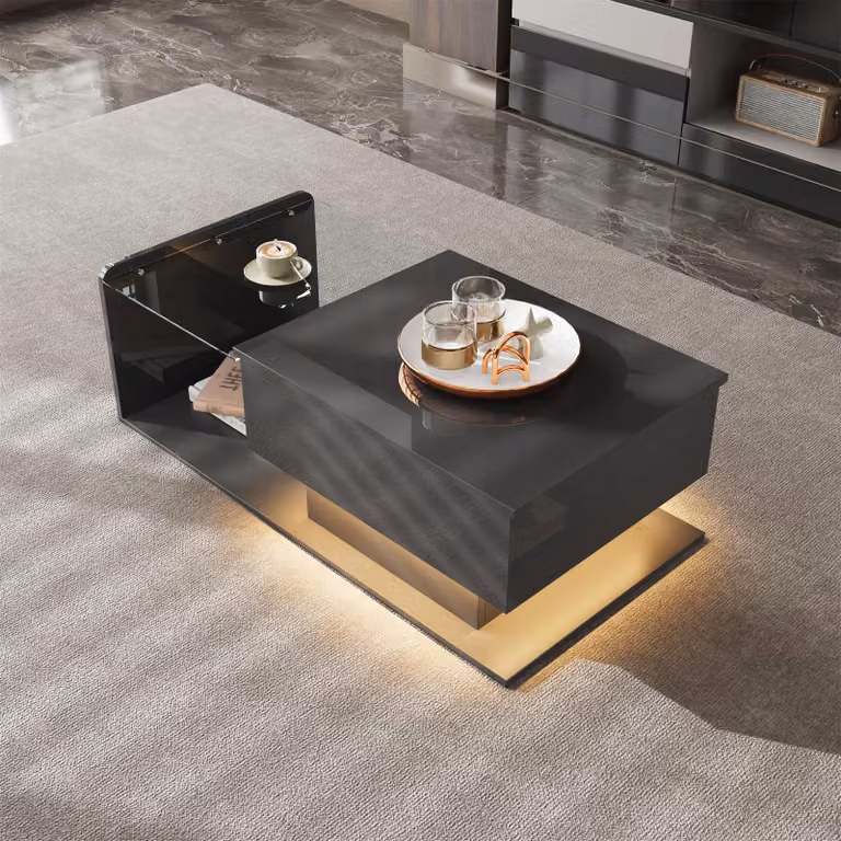 STILVORA Tavolino da caffè sollevabile con piano in vetro e illuminazione a LED, tavolino con vano portaoggetti, tavolino da caffè lucido, nero