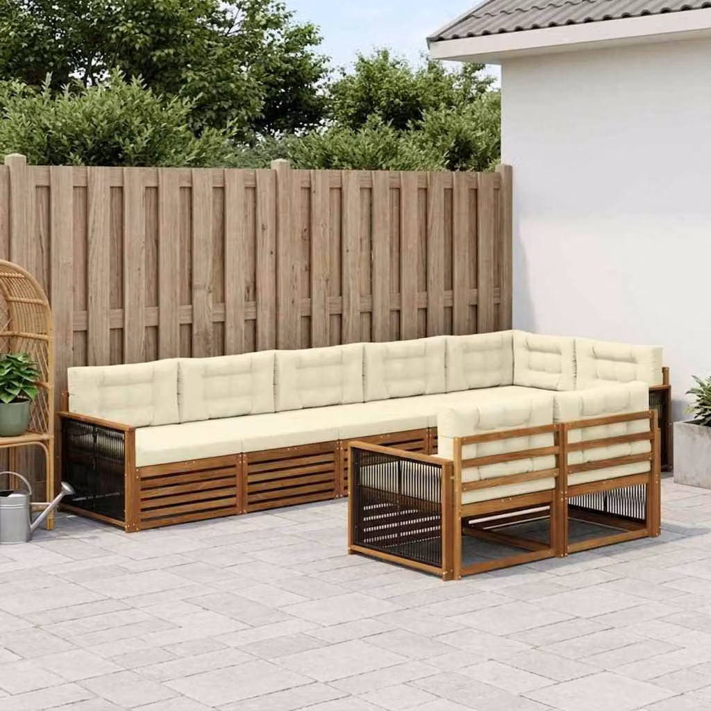 vidaXL Set di divani da esterno a L in legno di acacia con cuscini, Colore Naturale, Beige e Bianco, 8 pezzi