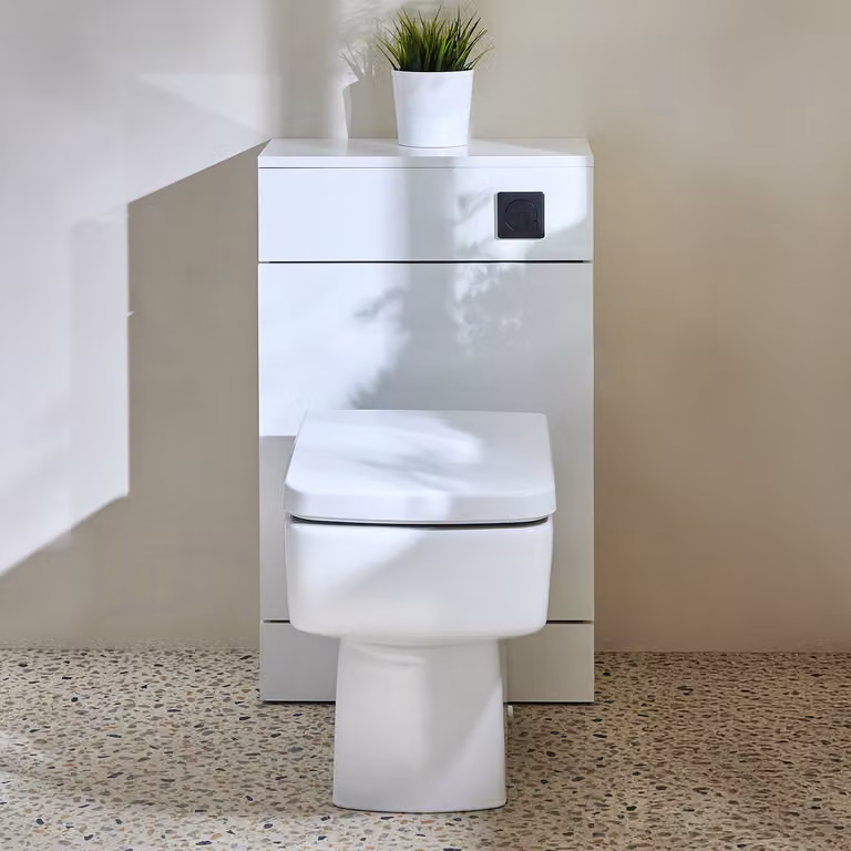 Mobile WC da 500 con Sanitario Exton - Bianco - Pulsante di Scarico Nero - Cluo