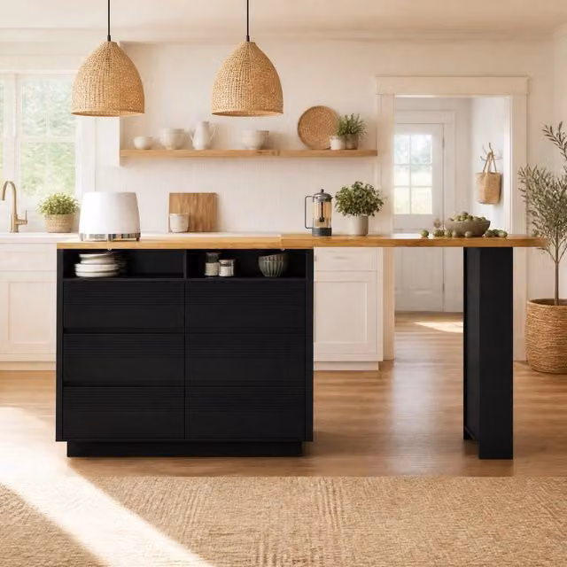 Desviae Mobile bar allungabile con 6 cassetti e ripiano laterale in MDF nero per cucina e soggiorno 137 × 39 × 102,3 cm