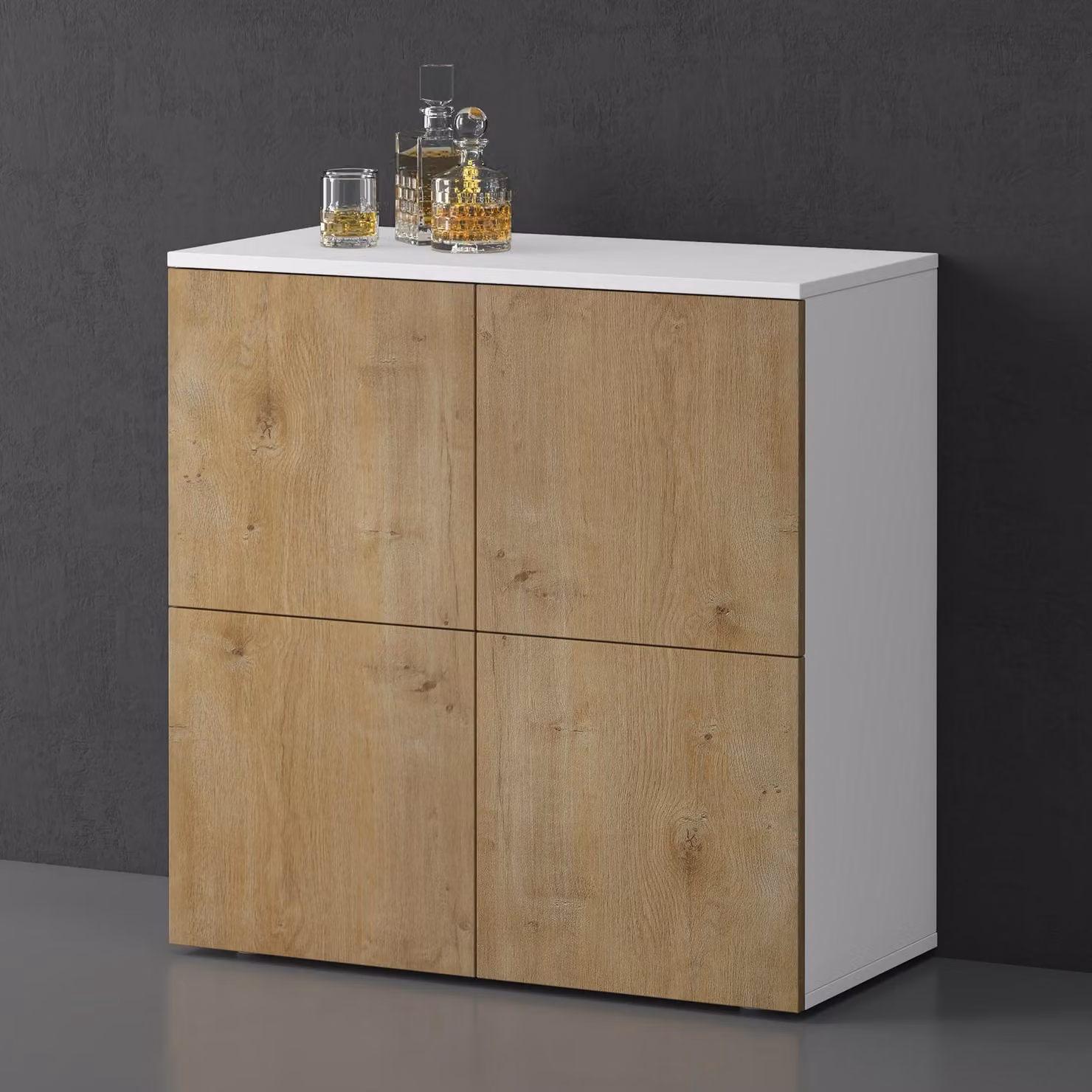doporro Mobile Organizzatore Credenza Buffet in Legno con 4 Ante Push-to-Open e Soft-Close per Soggiorno, Sala da Pranzo o Ingresso, 76x36,4x76 cm Bianco opaco e Marrone chiaro Schrank04