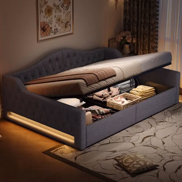 Letto da giorno imbottito 140x200 cm grigio con LED laterali e vano contenitore