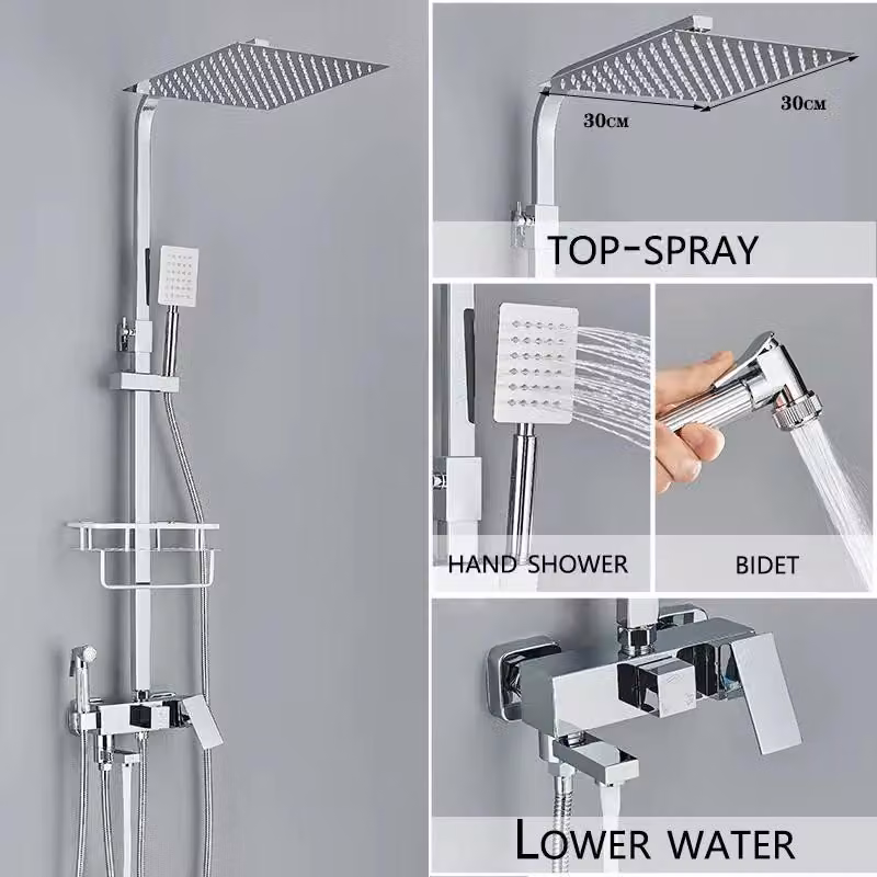 Sistema doccia per il bagno: miscelatore da parete, deviatore a 4 vie, soffione a pioggia da 30 cm, doccetta manuale e bocchetta per vasca, colore nero/cromato