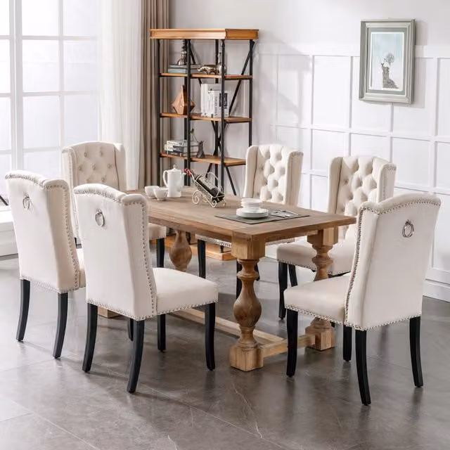 Sedie da Pranzo in Velluto con Gambe in Legno ¨C MINIMAL ¨C Set 6 Pezzi, Beige