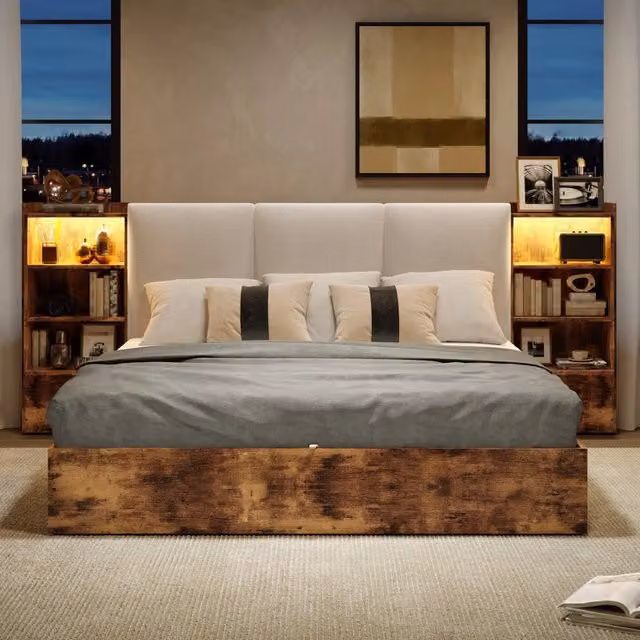 Letto matrimoniale 180 × 200 cm con vano idraulico, 6 vani e LED regolabile, senza materasso, marrone