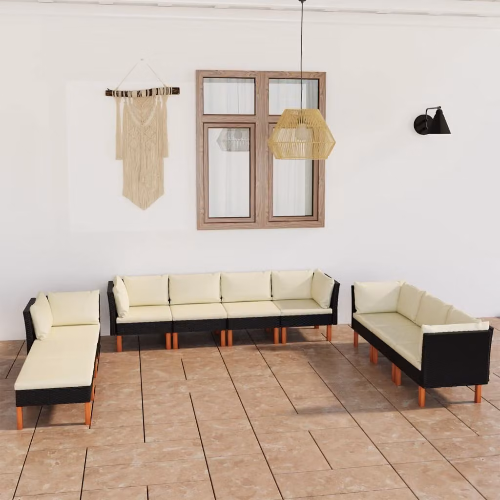 The Living Store Set da giardino da 10 pezzi con cuscini in poly rattan nero
