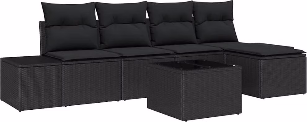 Set Divano da Giardino con cuscino 6 pcs Nero polyrattan