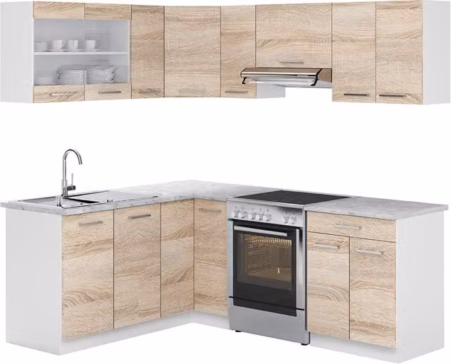 Cucina ad angolo R-Line Sonoma/Bianco 207 x 167 cm, PL Marmo Vicco
