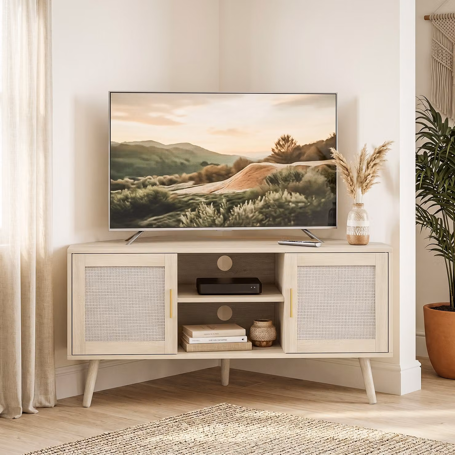 Mobile TV angolare HOMCOM in rovere con ante in rattan e 2 scomparti, stile boho, larghezza: 115 cm – 2