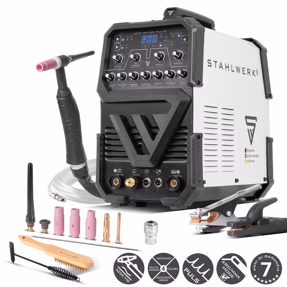 Saldatrice ad arco schermato STAHLWERK AC/DC TIG 200 Pulse ST - Inverter IGBT con modalità AC, MMA fino a 200 A, funzione ad impulsi, modalità 2T e 4T, per alluminio e lamiere sottili