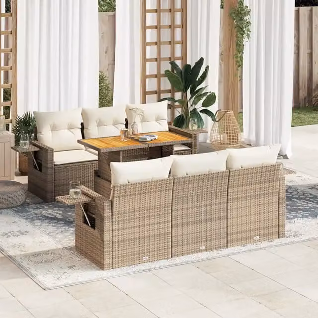 Set Divani da Giardino 7 pz con Cuscini Beige in Polyrattan 3327110
