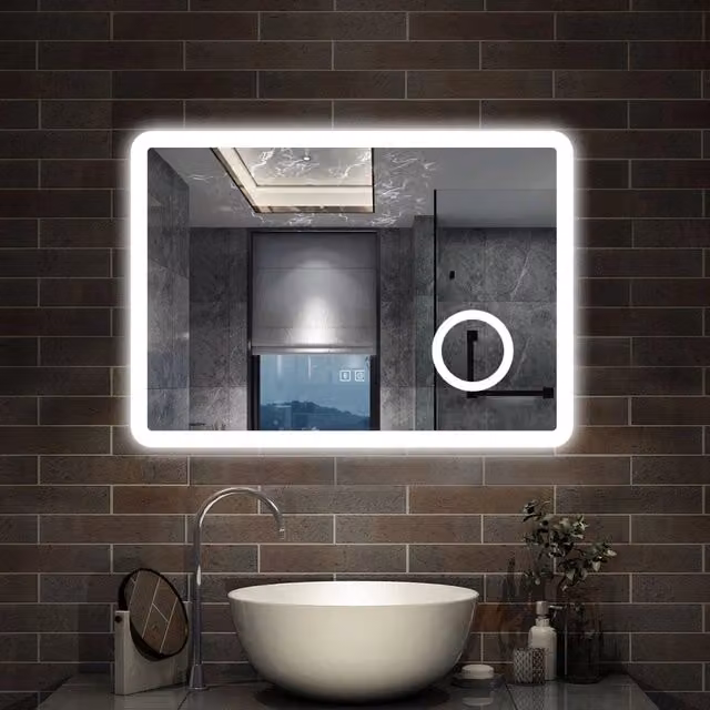 specchio rettangolare 80x60 cm con luce dimmerabile a 3 colori, bluetooth, antiappannamento e ingranditore 3x