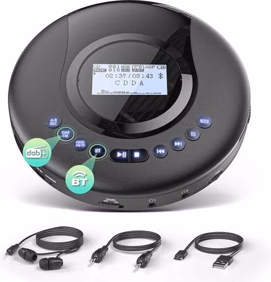 CD Player Portatile con Radio DAB+/FM e Bluetooth Nero