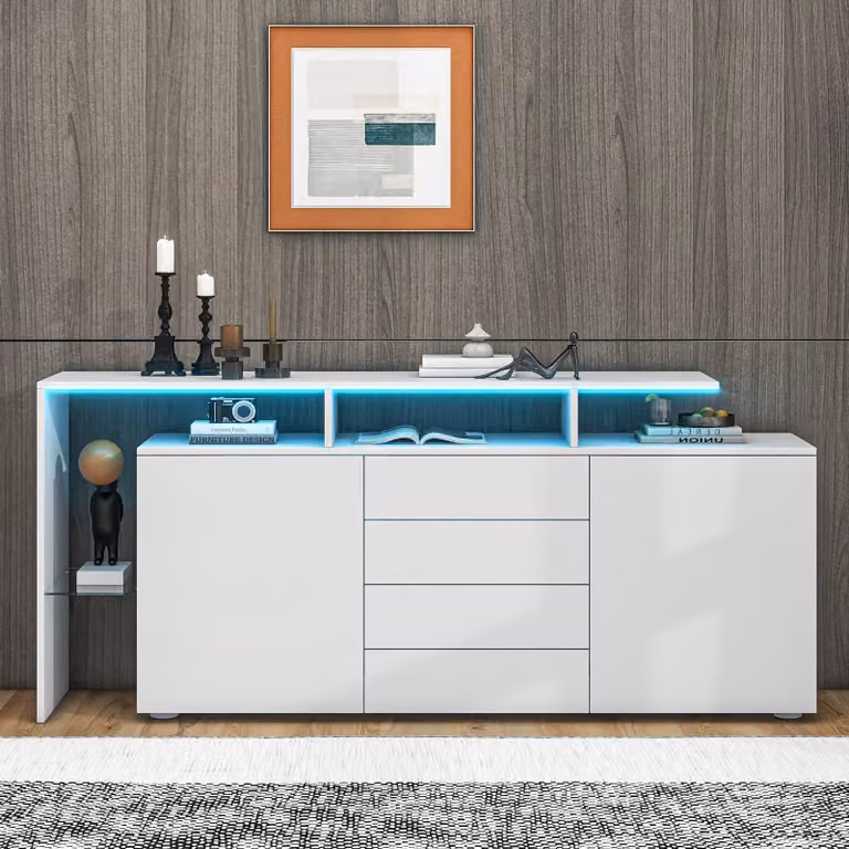 okwish Cassettiera con 4 ripiani in vetro e 2 ante e illuminazione a LED, lucida per il soggiorno