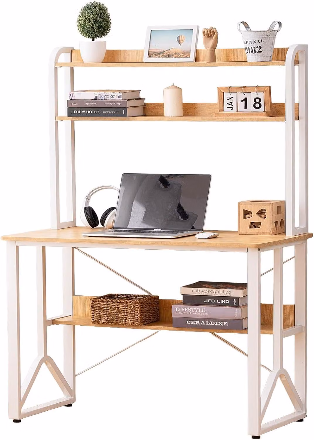 Scrivania moderna, dimensioni 100 x 50 cm, stile legno di quercia, ripiani a doppio livello, struttura a forma di Y per maggiore stabilità e sicurezza, scrivania per studenti con bordi protettivi