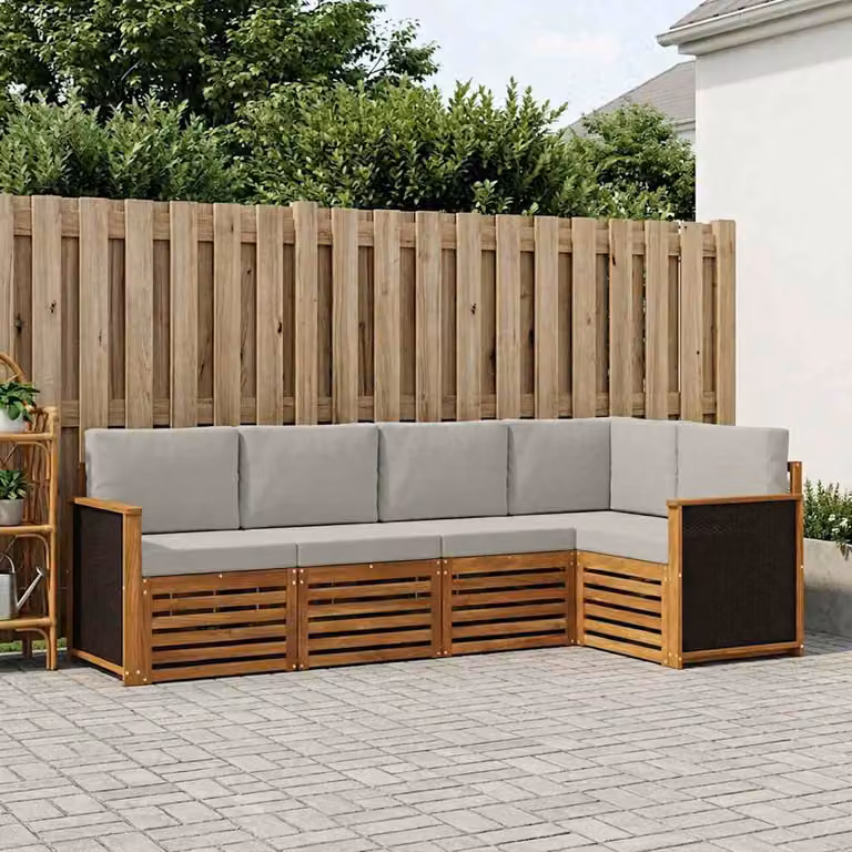 Set di divani da esterno vidaXL a forma di L in legno di acacia con cuscini, beige e grigio chiaro