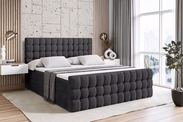 Letto boxspring ALTDECOR con materasso e rete a doghe - VIONE -Z - 180x200 cm - Velluto nero - Letto boxspring, pediera, topper, letto imbottito con contenitore, letto con vano portaoggetti H3 - Materasso, letto matrimoniale, letto boxspring