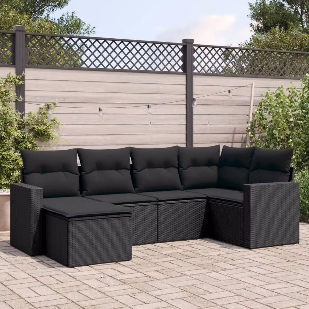 vidaXL Set Divano da Giardino a L 6 pz con Cuscini Nero in Polyrattan e Struttura in Acciaio – 1