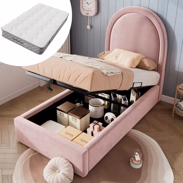 Letto imbottito singolo per bambini 90x200 cm in velluto rosa con materasso 7 zone ortopedico