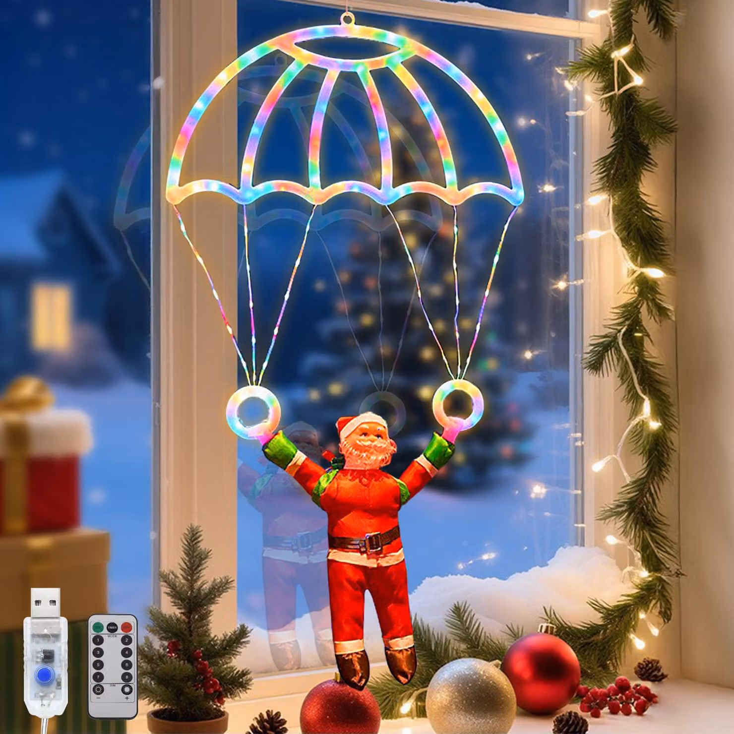 Catena luminosa a LED a forma di Babbo Natale con paracadute, 68 cm, multicolore, alimentazione USB, 8 modalità