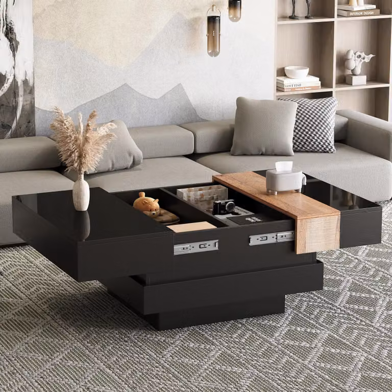 MODFU Tavolino allungabile con tavolino lucido, tavolino da caffè con spazio di archiviazione nascosto, tavolino da tè con design a blocchi di colore, nero