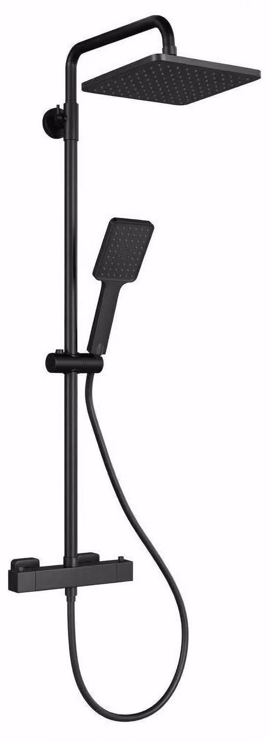 Set completo per sistema doccia con termostato, dotato di pulsante di sicurezza a 38°C, design quadrato, colore nero, soffione a pioggia in plastica, altezza regolabile da 89 a 123 cm