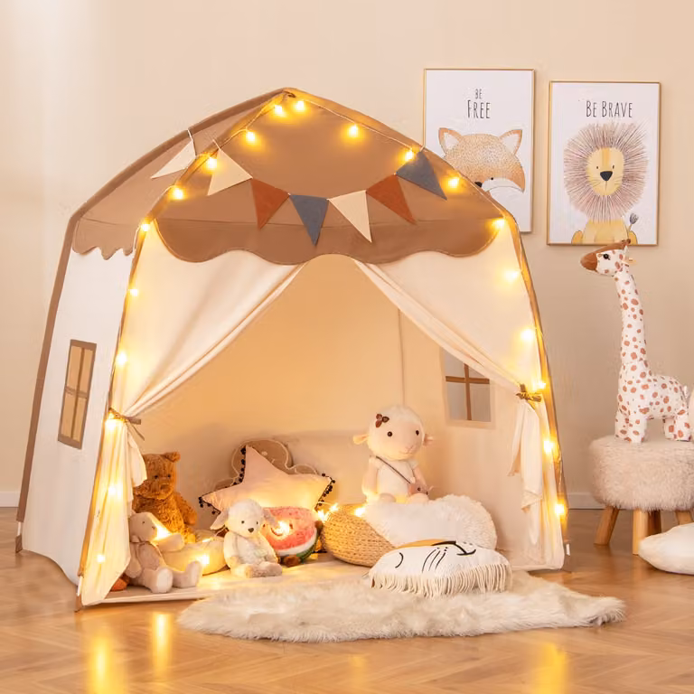 Tenda da gioco per bambini Costway marrone con bandiere e luci a globo, lavabile in lavatrice