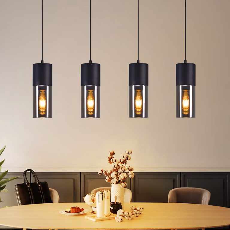 ZMH Lampada a sospensione da tavolo E27 Lampada a sospensione a 4 fiamme LED regolabile Paralume moderno Lampade in vetro Lampadario nero per cucina soggiorno camera da letto