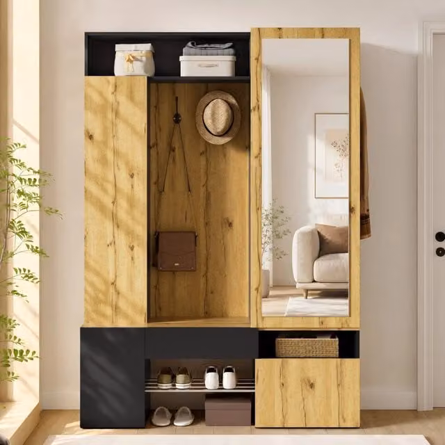 Mobile da ingresso con specchio e scarpiera, barra appendiabiti, ganci e vani in MDF nero naturale, 127 × 35 × 180.5 cm