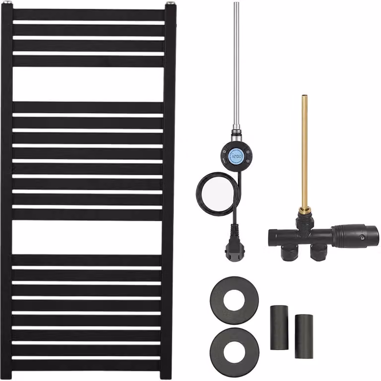 Kit radiatore per bagno Vincenzo - riscaldamento combinato, antenna Wi-Fi - collegamento laterale a un punto - 300W - nero opaco - 970x450 mm